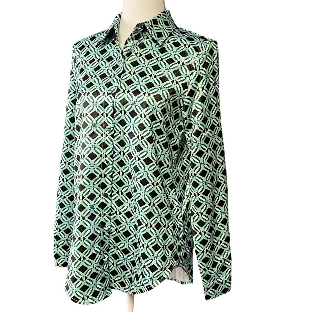 Princess Polly Shirt Womens 2 Green Geometric Satin Button Up Long Sleeve Top